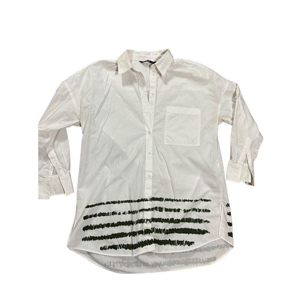 Zara Oversized White Button Down with Green Painted Stripes sz M minimalist Lage